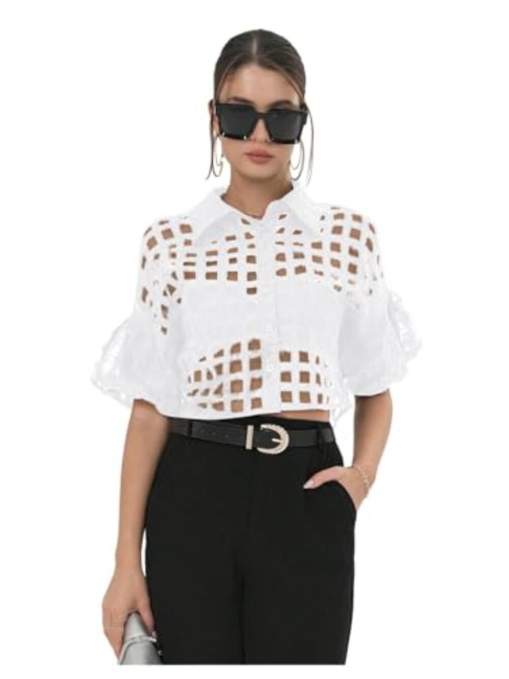 Sheer Mesh Plaid Button Down Crop Top with Puff Sleeves Collared Blouse